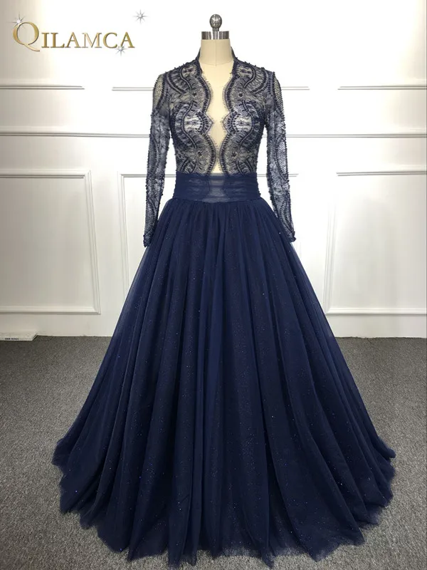 Arabic Evening Dresses Elegant Floor Length 2018 Long Sleeves Prom Party Gowns Dark Navy prom dress | Свадьбы и торжества