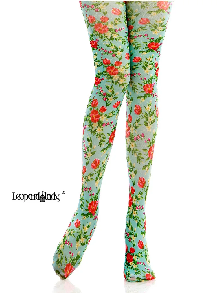 Sky Blue Pastoral Flower Printed Tights Womens Patterned Pantyhose New Design Stockings