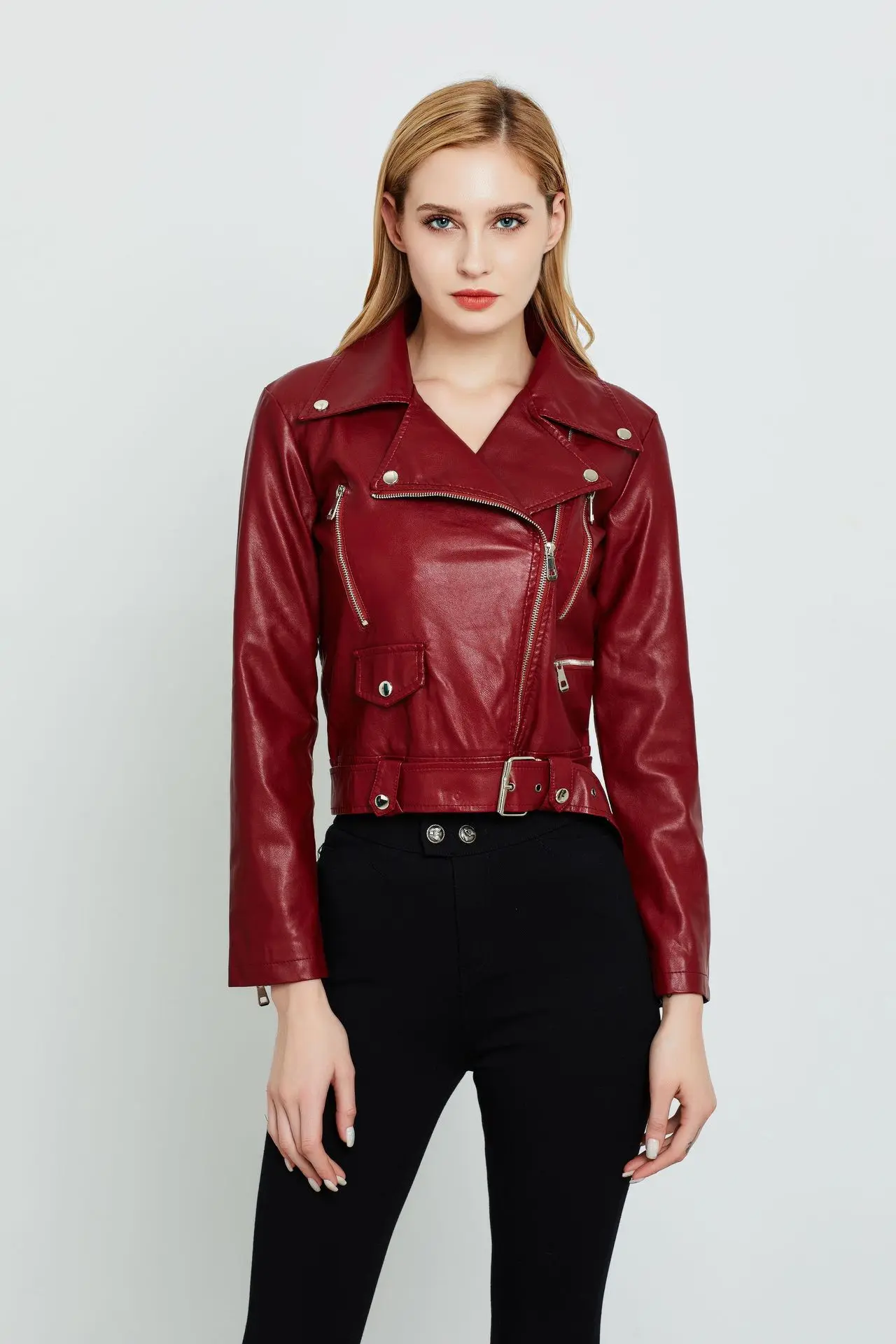 England zipper beading pu leather jackets female great quality was leather jackets Кожаная одежда with belt wq2129 wholesale