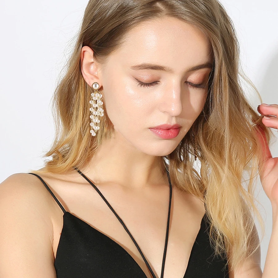 Модные Роскошные Имитация Жемчуга кисточкой серьги клипсы без пирсинг для