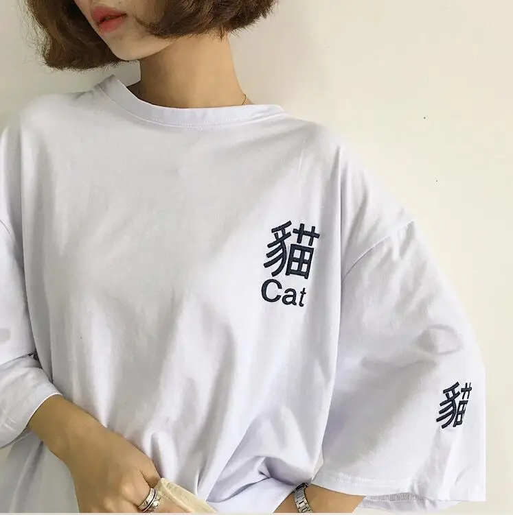 Summer Korean Ulzzang Female Kawaii Long T-shirt Japanese Harajuku Fashion Casual Cat Tees Tops Women Chic Vintage Red T Shirts | Женская