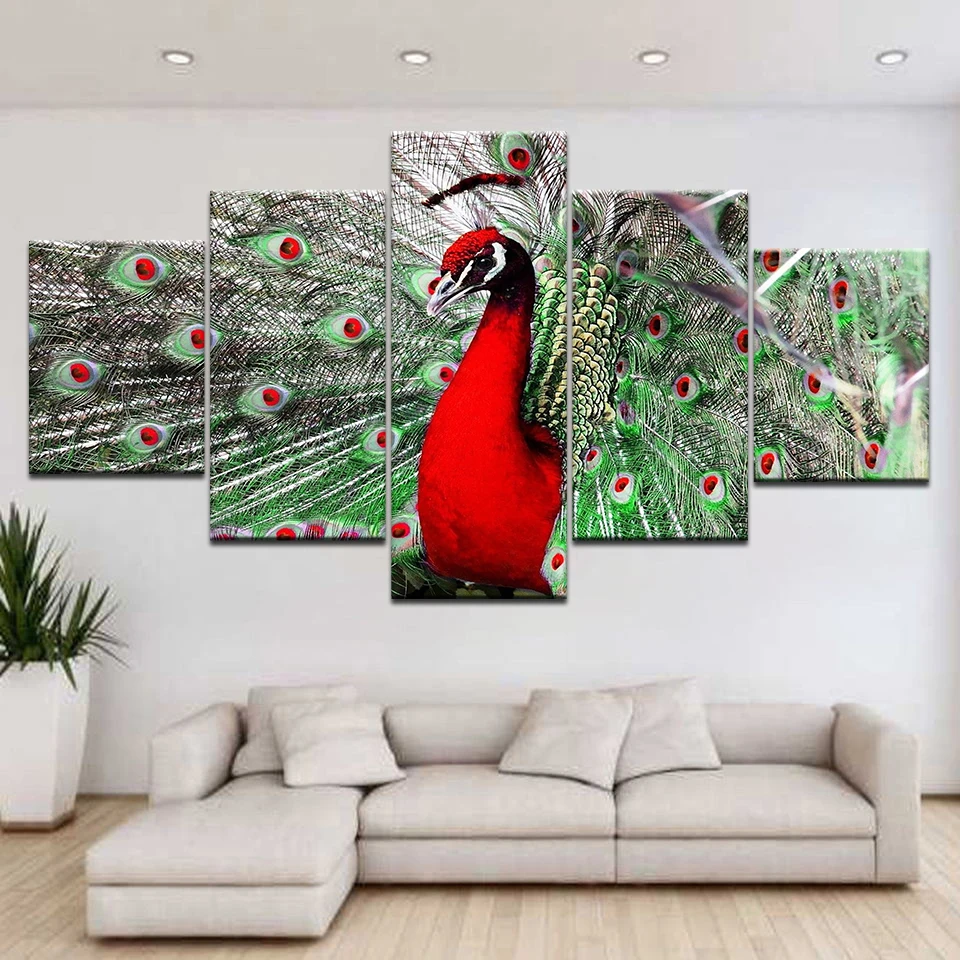 Модульная HD принты картины на холсте Wall Art Home Decor 5 шт. красный павлин Плакаты