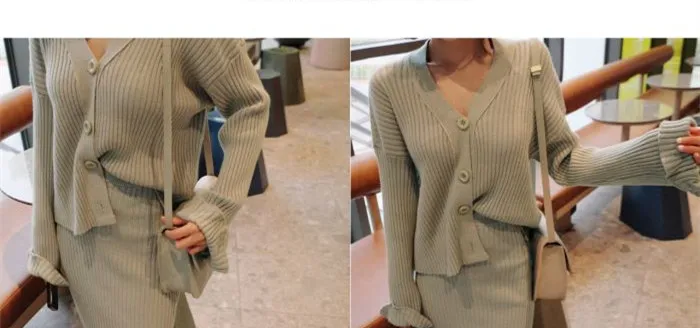 RUGOD Elegant ladies 2 pieces knitted suits Korean chic new single-breasted women cardigan& hight waist sweater skirts female
