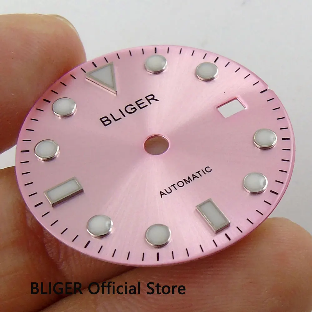 

Классический циферблат 28,5 мм с розовым циферблатом со светящимися отметками, окошком даты, циферблат подходит для Miyota 8215 8205 Mingzhu 2813 D89