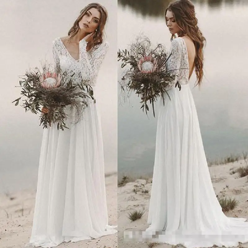 Страна Стиль Boho свадебный наряд платье vestido de noiva Лето с длинным рукавом свадебное кружевное платье шифоновое свадебное платье с открытой спиной