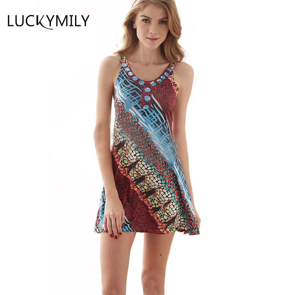 Luckymily Bohemian Plus плюс размер женские летние без рукавов пляжные Повседневные