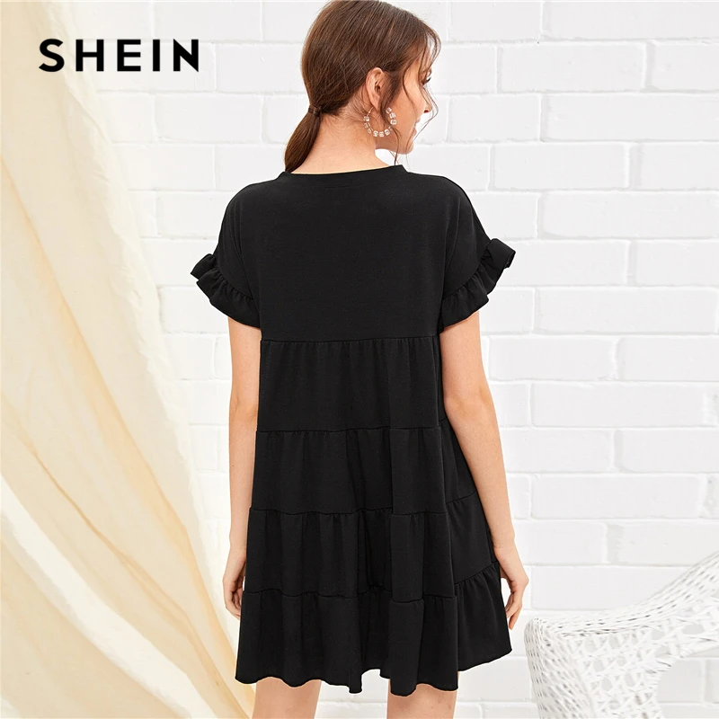 SHEIN черное однотонное платье с рюшами, женское летнее платье с круглым вырезом и высокой талией, Дамское короткое платье, свободное милое платье трапециевидной формы