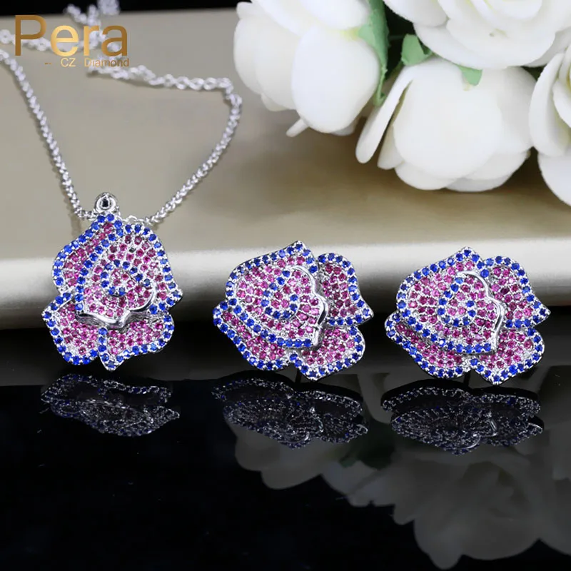 

Pera Classic Real Silver Color Jewelry Full Sparkling Rose Flower Blue Red Cubic Zirconia Pave Women Party Necklace Set J220