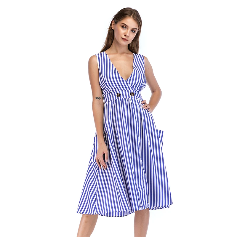 Women Summer V-Neck Elegant Maxi Striped Robe Sleeveless Vintage Ladies Pockets Dress New Fashion Female Sexy Vestidos Dresses | Женская