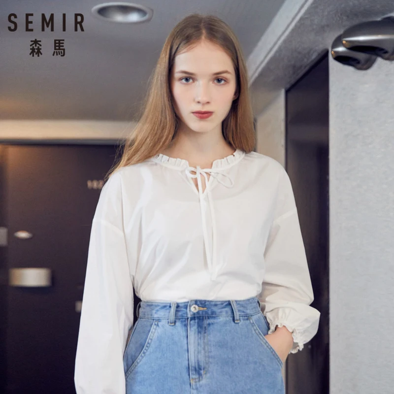 Женская блузка с рюшами SEMIR из 100% хлопка длинными рукавами воротником-оборкой и