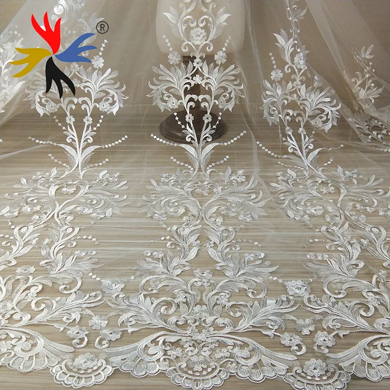 5Yards White Embroidered Wedding Lace Fabric High Quality Tulle Mesh lady dresses gowns making | Дом и сад