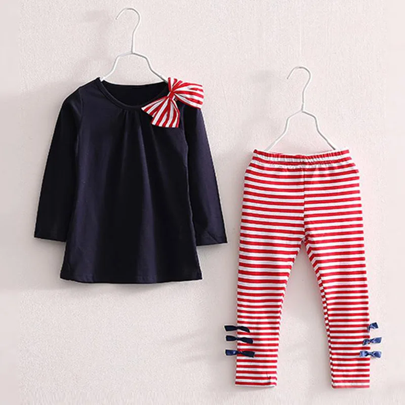 Melario Baby Girls Clothing Sets Fashion spring Autumn Long Sleeve Big bow T-shirt+casual striped pants 2pcs Kids | Мать и ребенок