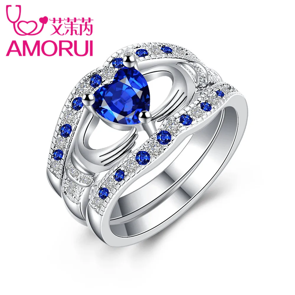 

AMORUI Bridal Love Heart Promise 3 Piece Set Wedding Rings for Women Blue CZ Birthday Stone Engagement Ring Party Gift Dropship