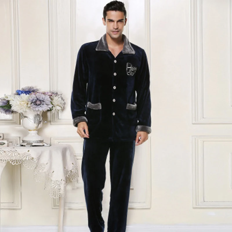 Autumn Winter Keep Warm Thick Coral Fleece Men Pajamas Sets of Sleep Tops & Bottoms Flannel Sleepwear Thermal Nightclothes