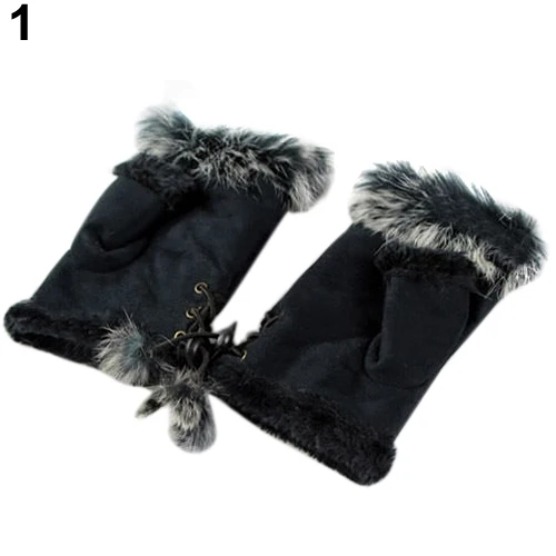 Популярные женские зимние перчатки из кроличьего меха и кожи без пальцев 8