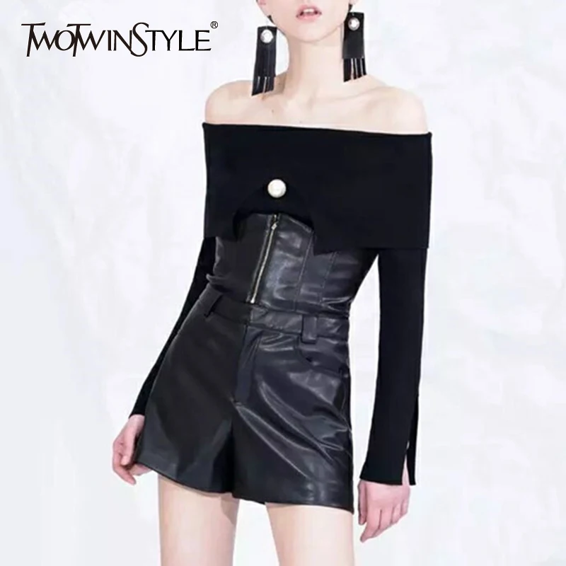 TWOTWINSTYLE женские шорты из искусственной кожи, с высокой талией, на молнии, большие размеры, широкие брюки,, Весенняя модная сексуальная одежда