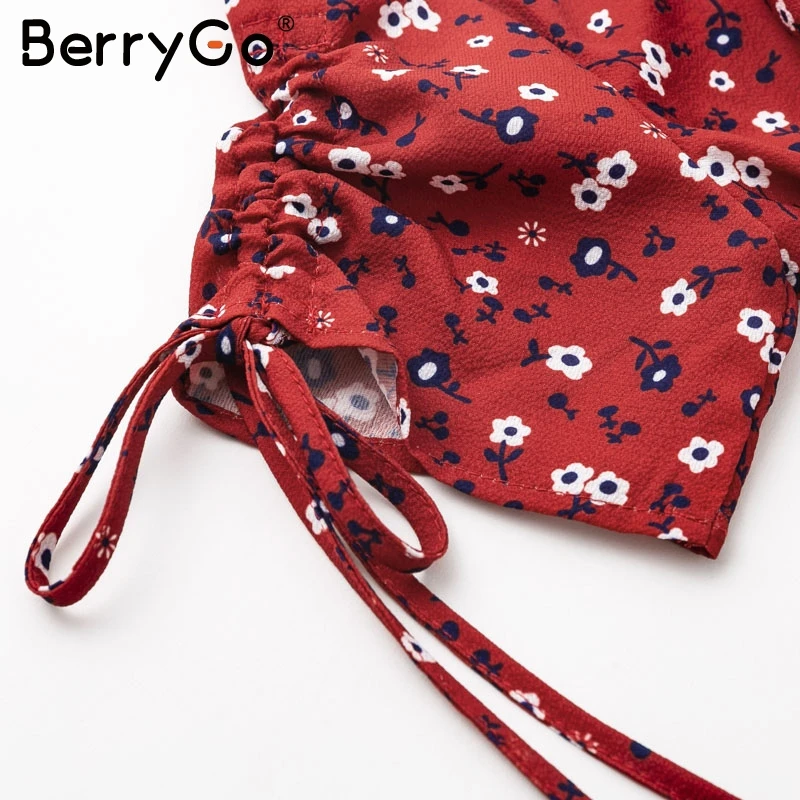 BerryGo Boho цветочным принтом летнее платье Женский 2018 сексуальные v шеи Короткое