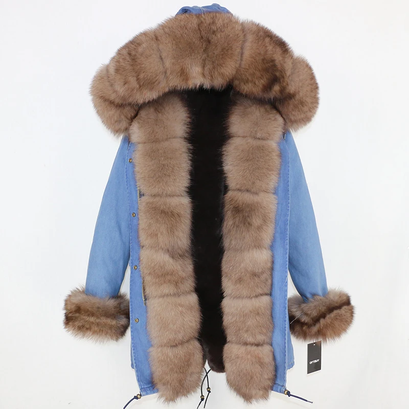 OFTBUY, пальто с натуральным мехом, зимняя куртка, женские длинные парки, натуральный Лисий мех, Отделка капюшона, толстая теплая верхняя одежда, уличная одежда, съемная - Цвет: denim brown