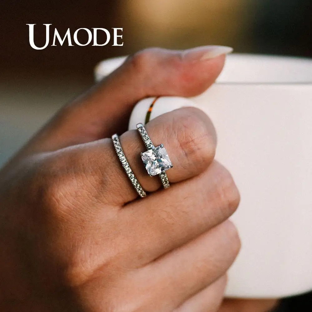 UMODE, модные 1.6ct обручальные кольца, набор для женщин, белое золото, кубический цирконий, обручальное кольцо, роскошные ювелирные изделия UR0139C