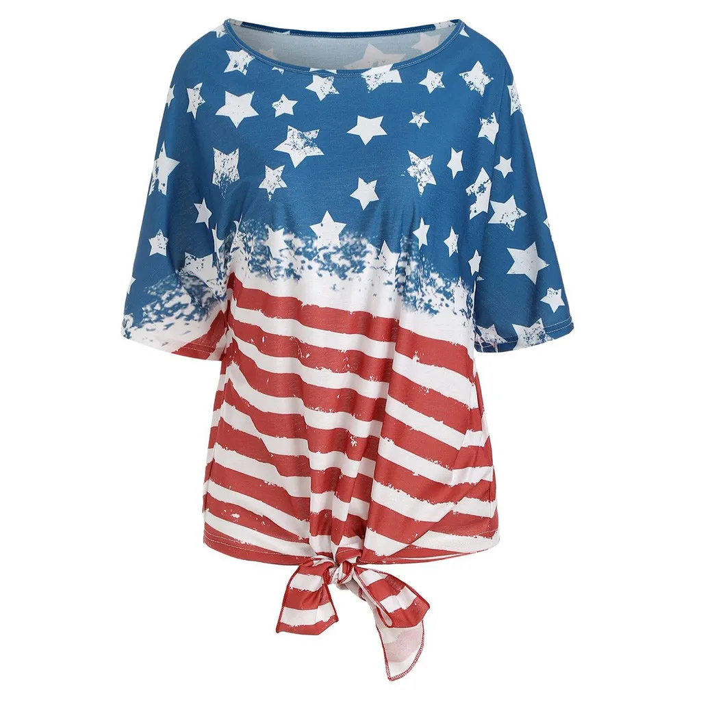 Women stripe America Flag Printed skew Neck SLeeve Knot T-shirt Harajuku korean style streetwear haut femme | Женская одежда