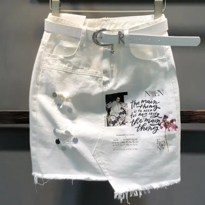 Джинсовая юбка женская 2019 летняя новая мода отверстие Блестки Белый Высокий