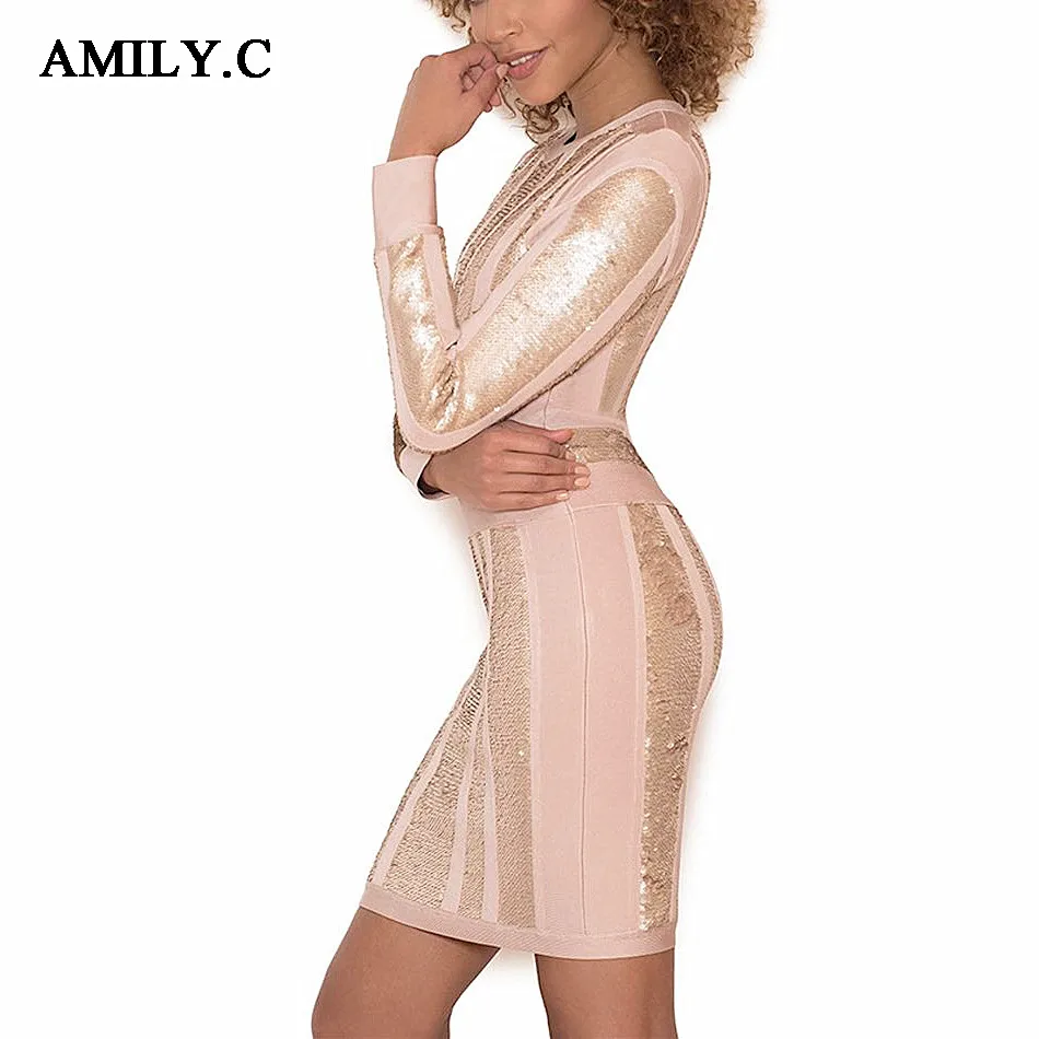 Amily.c 2021 New Summer Women Bandage Dress Sexy Bodycon O Neck Sequined Celebrity Party Black Apricot Dresses Vestidos | Женская одежда