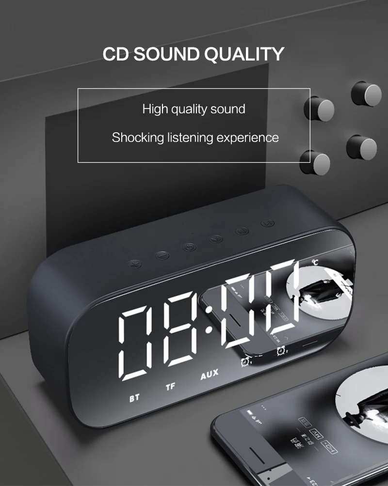 Bluetooth динамик с fm-радио светодиодный зеркальный будильник часы сабвуфер музыкальный плеер Повтор Настольные часы беспроводные