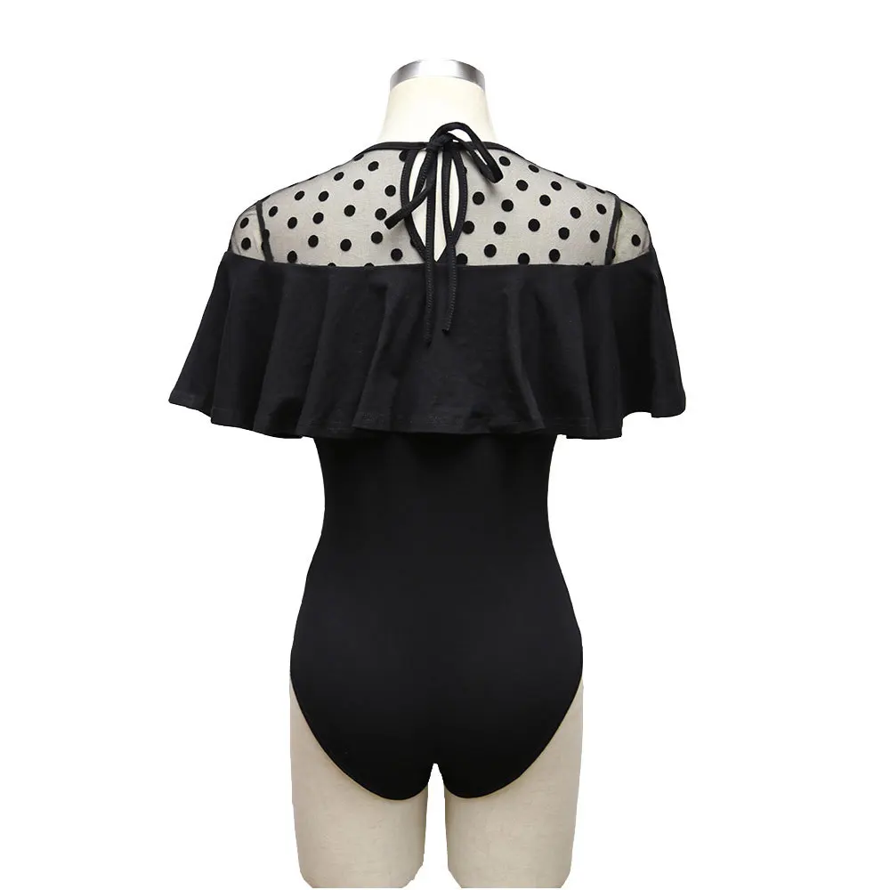 

2019 Lace bodycon transparent black bodysuit Women ruffle long sleeve white bodysuit winter autumn mesh sexy jumpsuit