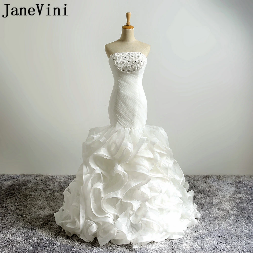 

JaneVini Chic Mermaid Wedding Dresses Strapless Hand Made Flowers Beaded Organza Flouncing Ruched Bridal Gowns Vestido De Noiva