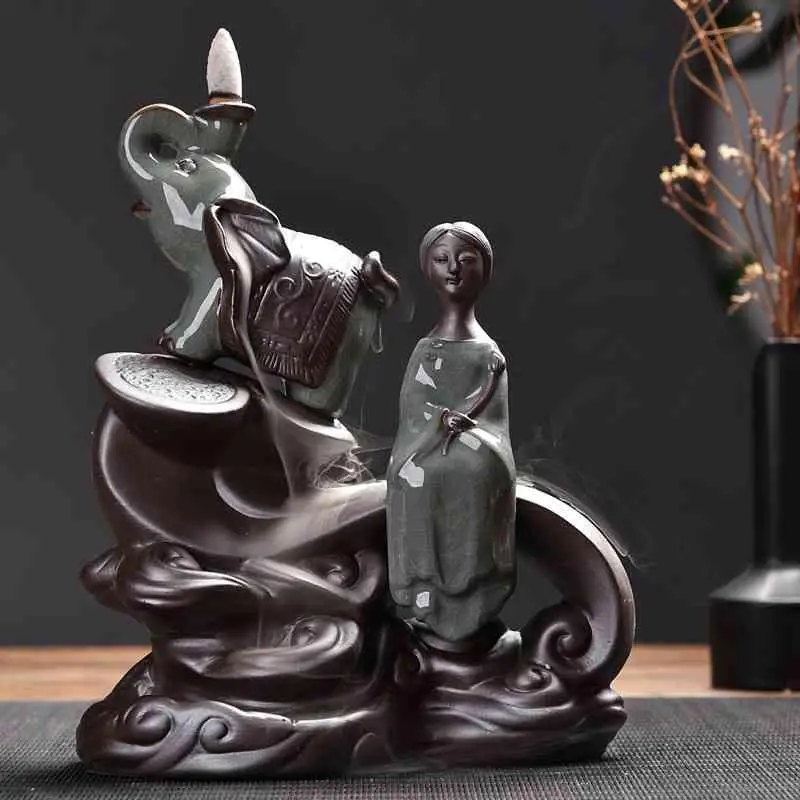 

Buddha Incense Burner Smoke Waterfall Backflow Incense Holder Elephant Ceramic Censer Mountain River Handicraft Incense Holder