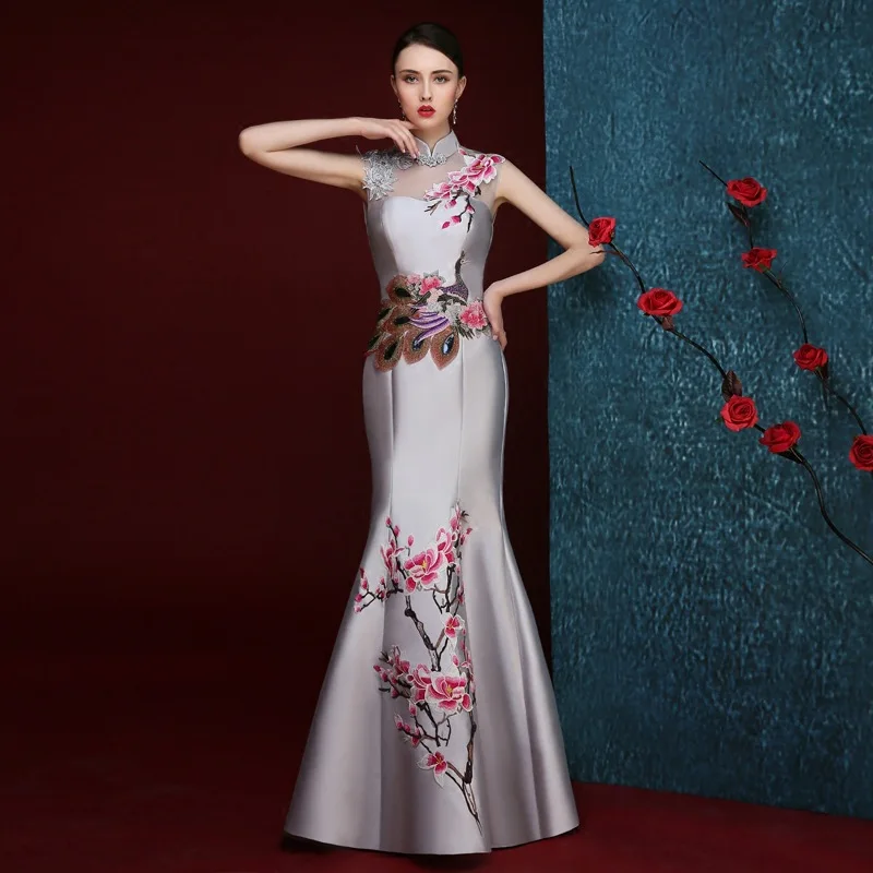 Чонсам китайский стиль длинные qipao красный Русалка Свадебные Кружева