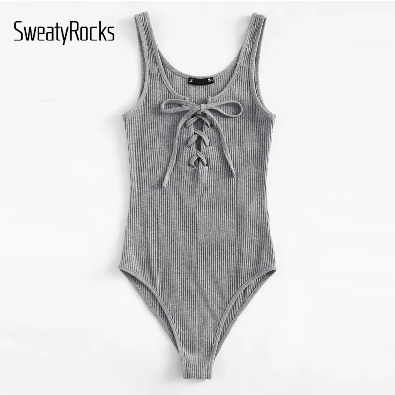 SweatyRocks серый кружевной спереди ребристый Трикотажный боди уличная одежда без рукавов сексуальный комбинезон женские обтягивающие Кружевные Боди