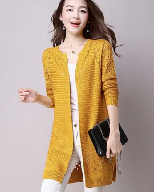 Корейский весенне-осенний кардиган длинный Однотонный свитер с вырезами пончо