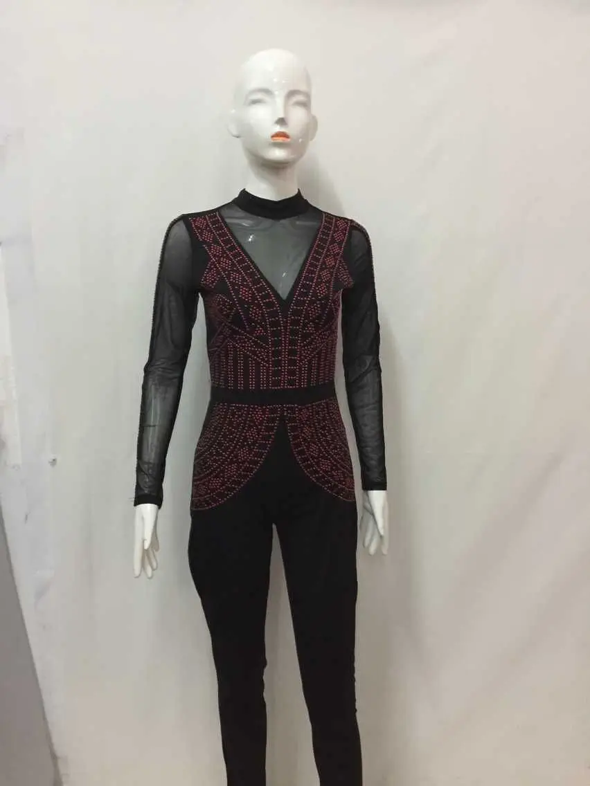 Сетка горячей бурения вечерние бинты Bodycon Комбинезоны S-XXXL плюс Размеры с длинным