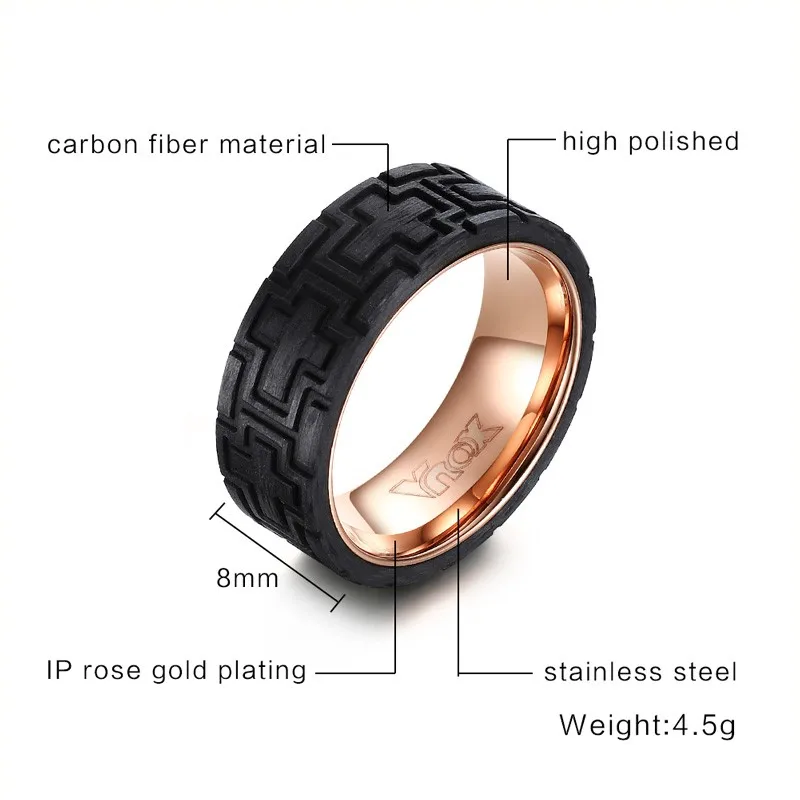 Vnox Черный углеродного волокна шин Кольца для мужчин Для Нержавеющая сталь
