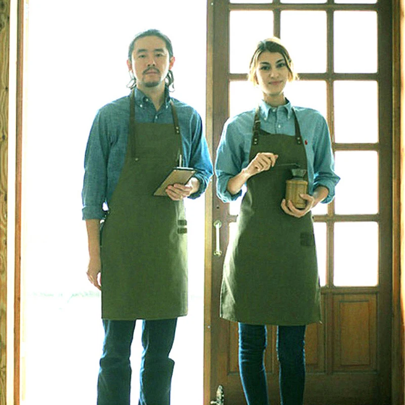 

New BBQ Senior Green Canvas Apron Bib Leather Straps Kitchen apron for Women Men cooking Restaurant Waitress Custom Print Logo