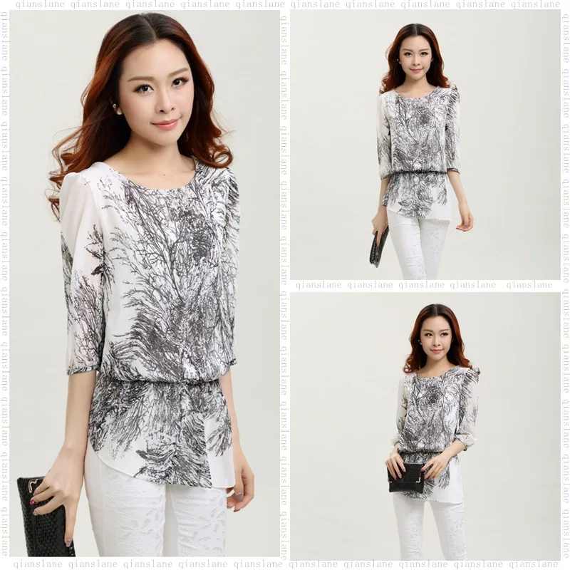 Белая блузка 2014 новые летние большой Размеры Для женщин живописи тушью печатных
