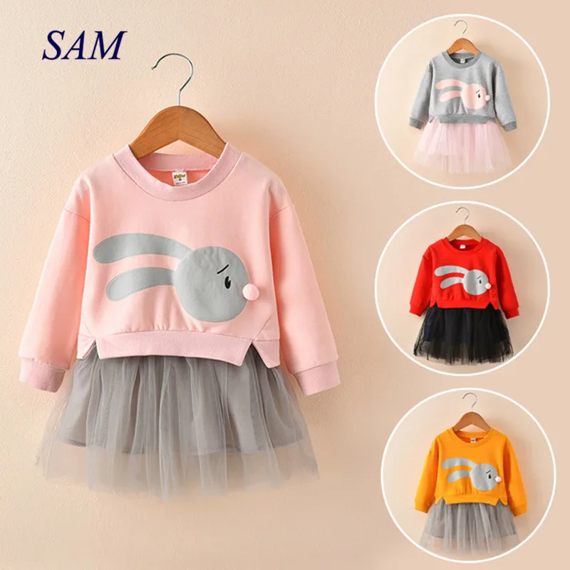 Autumn Kids Baby Girls Clothes Cartoon Bunny Princess Patchwork Sweatshirt Tulle Dress roupa infantil | Детская одежда и обувь