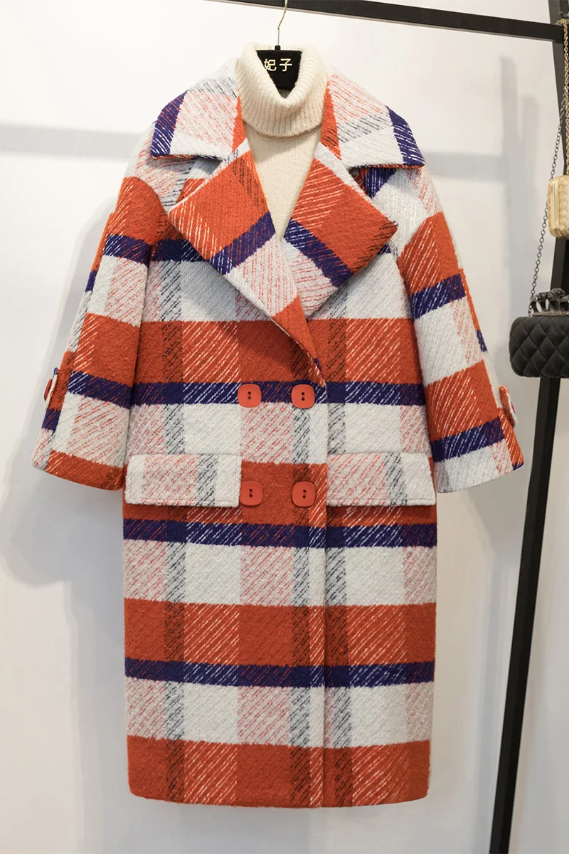 2018 Plaid Wool Coat Winter V-neck Thick Women Long Woman Double Breasted Overcoat Solid | Женская одежда