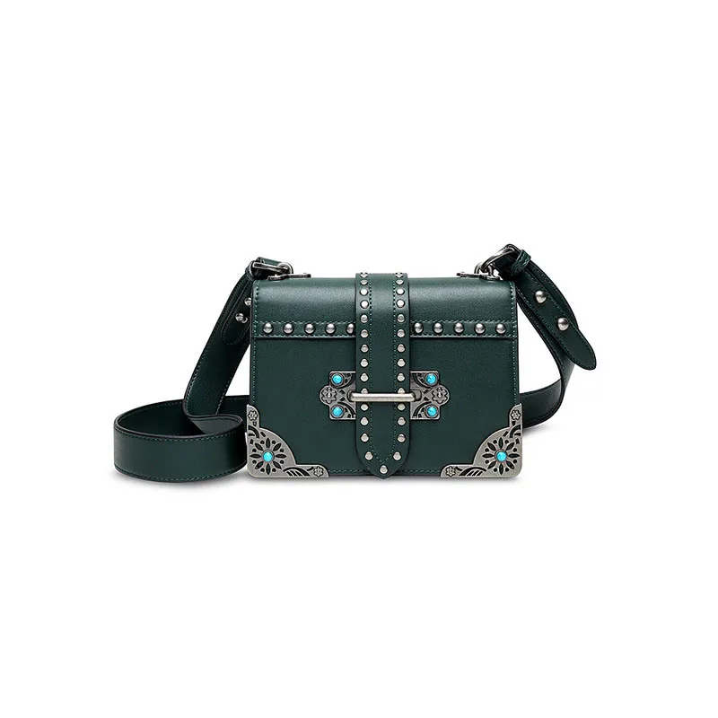 Dark Green Роскошные брендовые маленькие сумки с заклепками знаменитостей, Женская винтажная кожаная сумка-мессенджер, металлическая дизайнерская женская сумка с жемчугом - Цвет: Dark Green