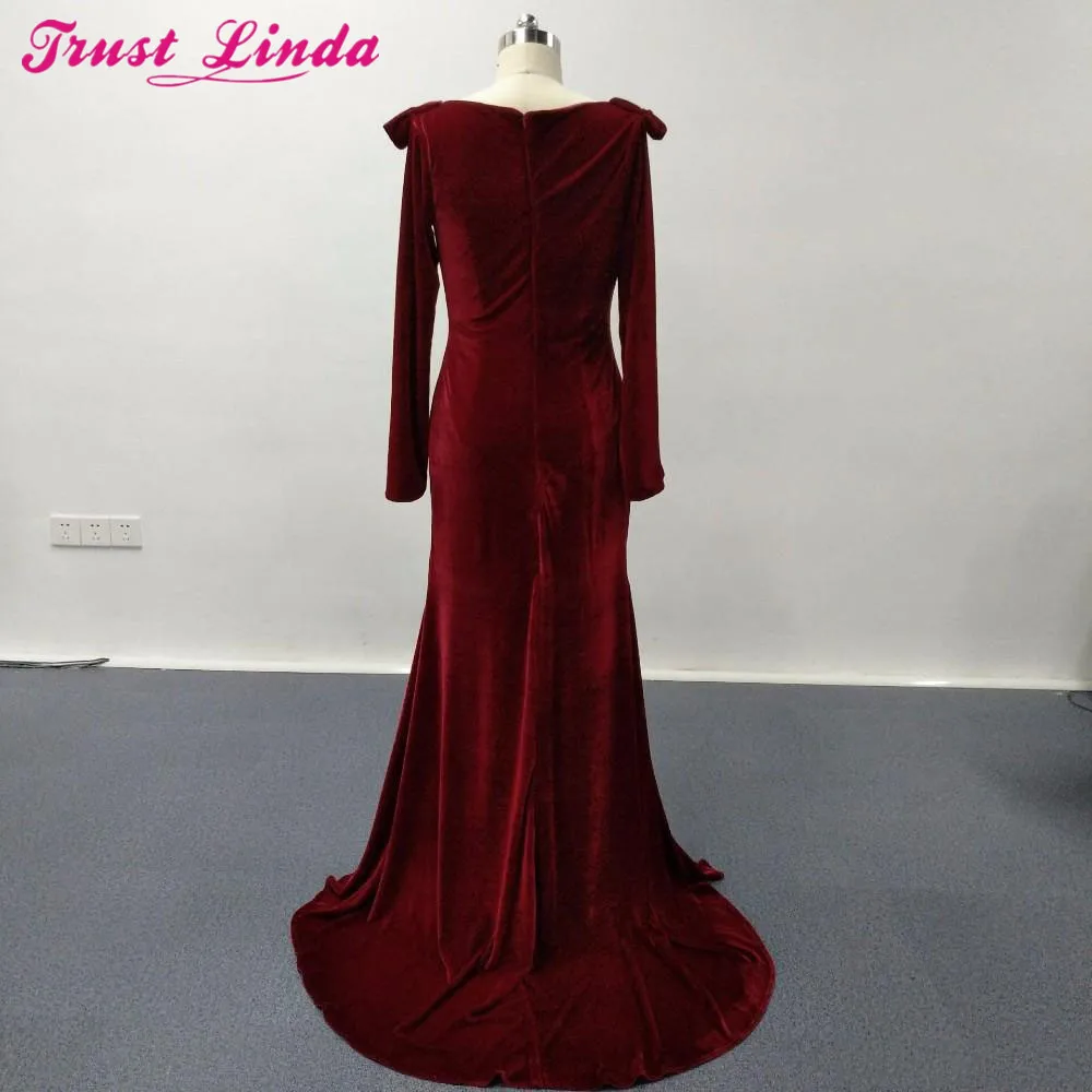 Trust Linda Burgundy Velvet Mother dresses long sleeves mermiad Sexy V-neckline party dress plus size celebrity Gowns | Свадьбы и