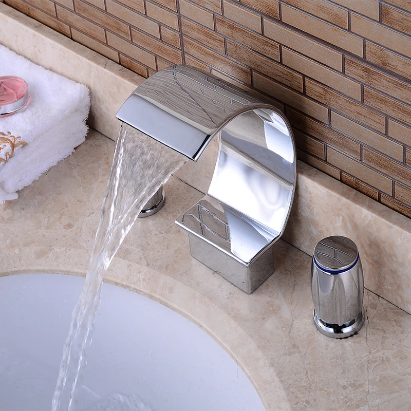 

Free ship Chrome Bathroom solid Brass Dual Handles Waterfall Sink Faucet Widespread Mixer Tap