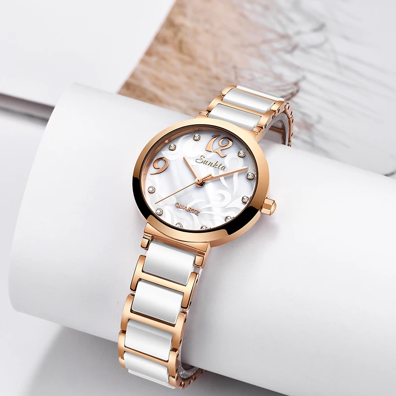 2021 SUNKTA New Rose Gold Ceramic Watches Women Top Brand Luxury Watch Fashion Simple Waterproof Women Watch Zegarek Ddamski+Box enlarge