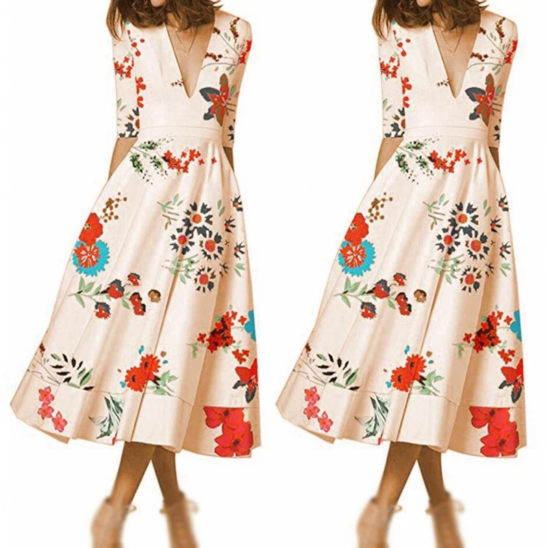 Женское платье офисное летнее Ретро модное цветочный принт коктейльное глубокий