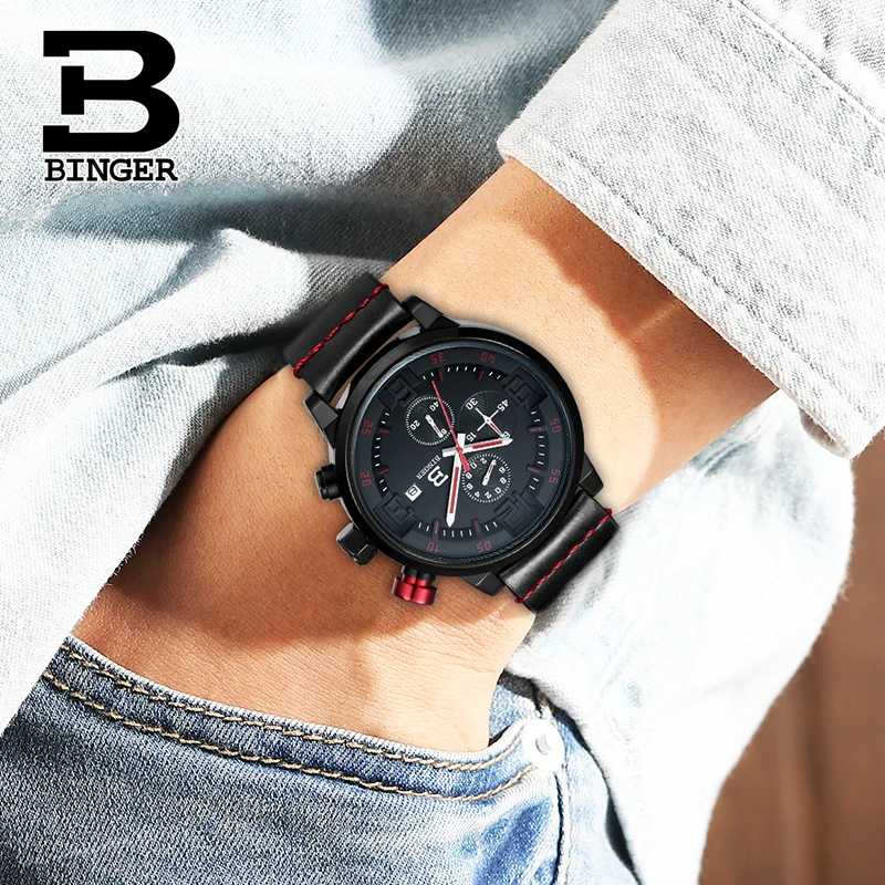 Мужские кварцевые часы бингера из натуральной стали с кожаным ремешком