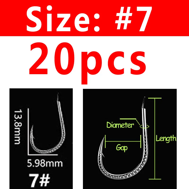 Size 7 20PCS Bimoo 20 шт. серебряный цвет сильная Стрекоза сельдь карпа Bighead крючок рыболовный крючок колючая пресноводная рыба Крючки Размер#1~#13 - Цвет: Size 7 20PCS