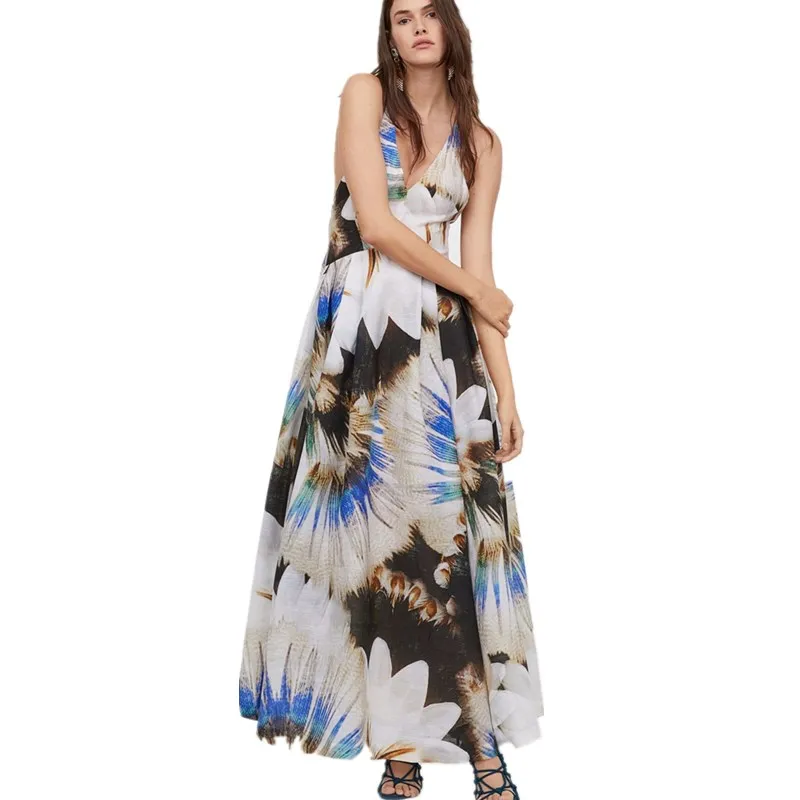 Boho Chic Women Flowery Print Sundress 2019 Sexy Deep V neck Cross Backless Long Beach Dress Spaghetti Strap Maxi HOliday | Женская