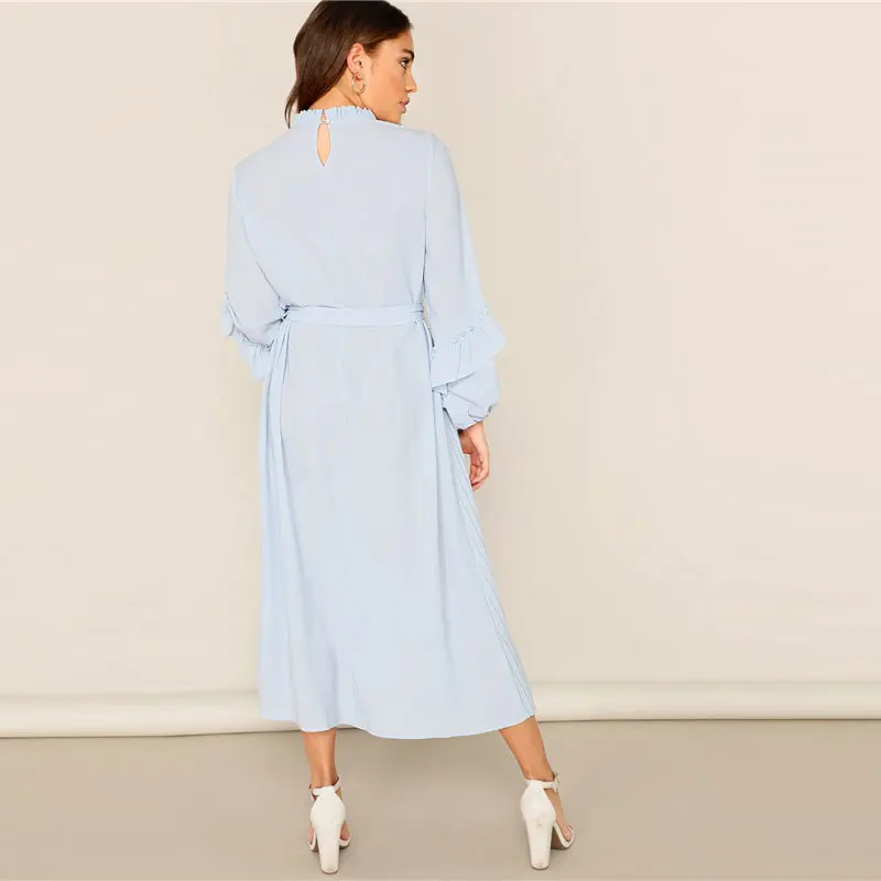 SHEIN Плиссированное Платье Со Стоячим Воротником Поясом И Оригинальным Рукавом Однотонное Платье В Складку С Оборкой