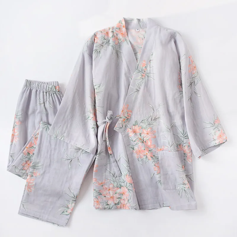 

2PCS Japanese Kimono Pajamas Set Pure Cotton fashion Women Autumn Yukata Thin Print Japan Sweat Steaming Suit Lover Clothing