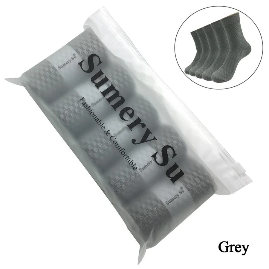 Grey with Gift Bag 5 пар/партия, носки для мужчин, свадебные, из бамбукового волокна, здоровые, повседневные, дышащие, мягкие, одноцветные, черные, Meias, носки, подарок для мужчин - Цвет: Grey with Gift Bag